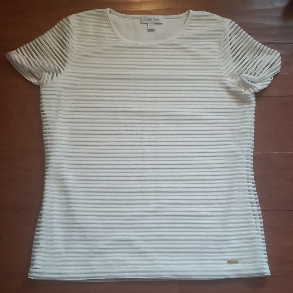 Calvin Klein Womens White Textured Cable Knit Mesh Stripe Short Sleeve Top‎ M